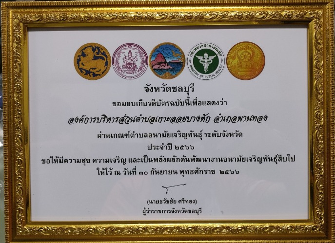 องค์การบริหารส่วนตำบลเกาะลอยบางหัก ได้รับมอบเกียรติบัตรตำบลที่ผ่านเกณฑ์ตำบลอนามัยเจริญพันธุ์ ระดับจังหวัด ประจำปี ๒๕๖๖